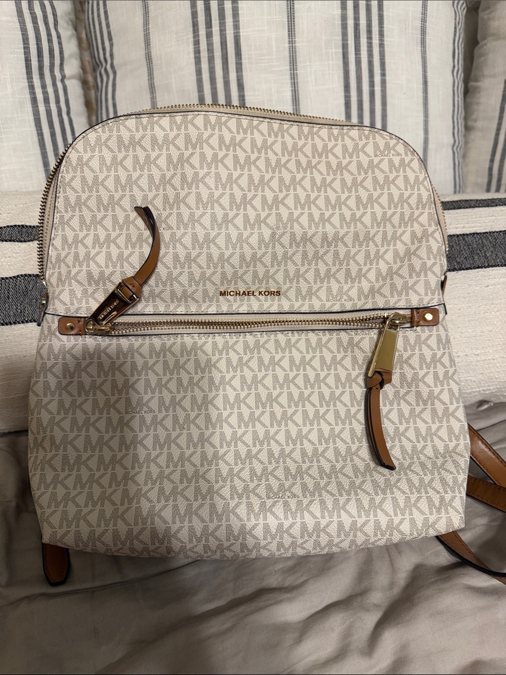 Michael Kors Beige Logo Backpack with Brown Trim